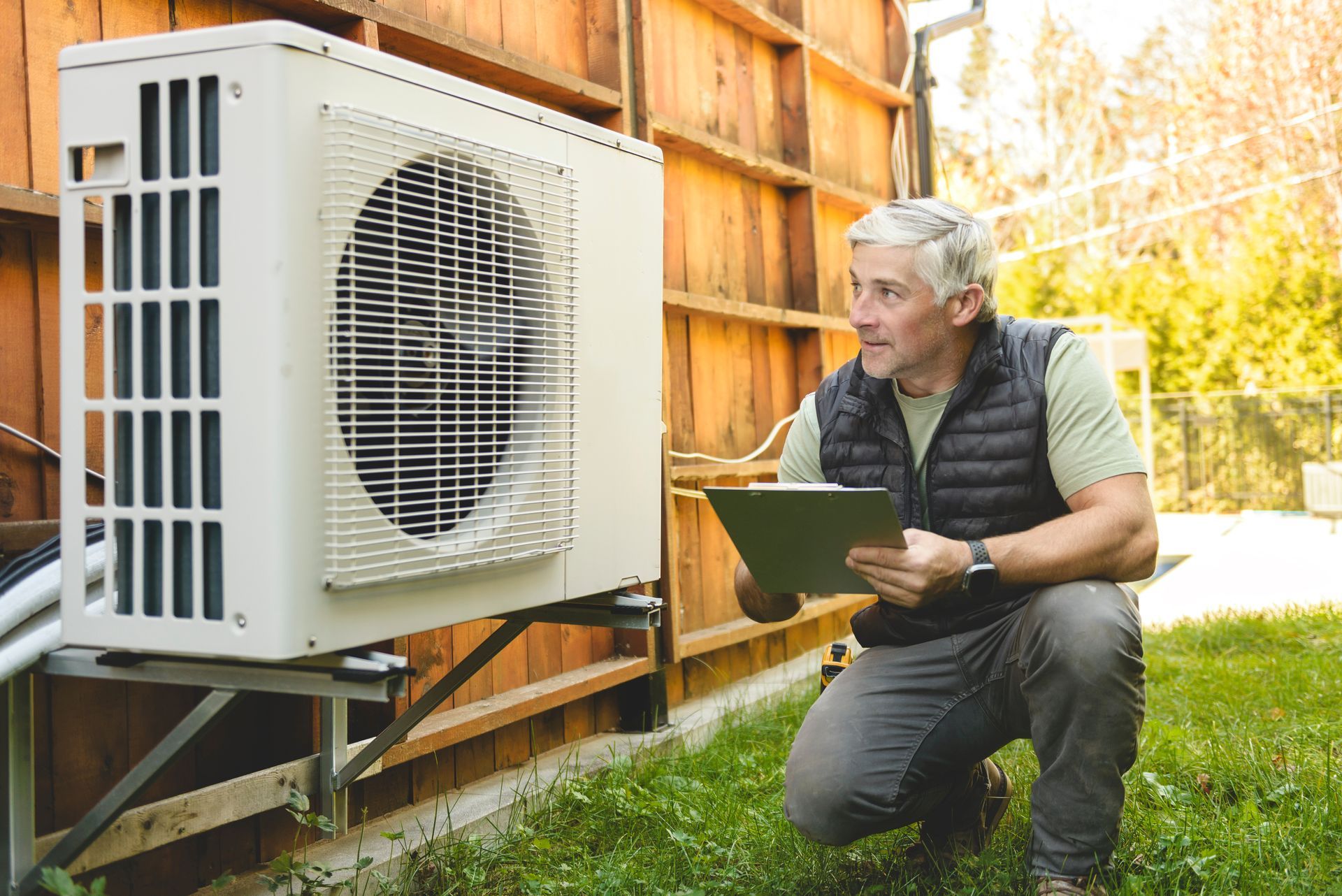 Technician working on air conditioning or heat pump outdoor unit. Technician working on air conditioning or heat pump outdoor unit.