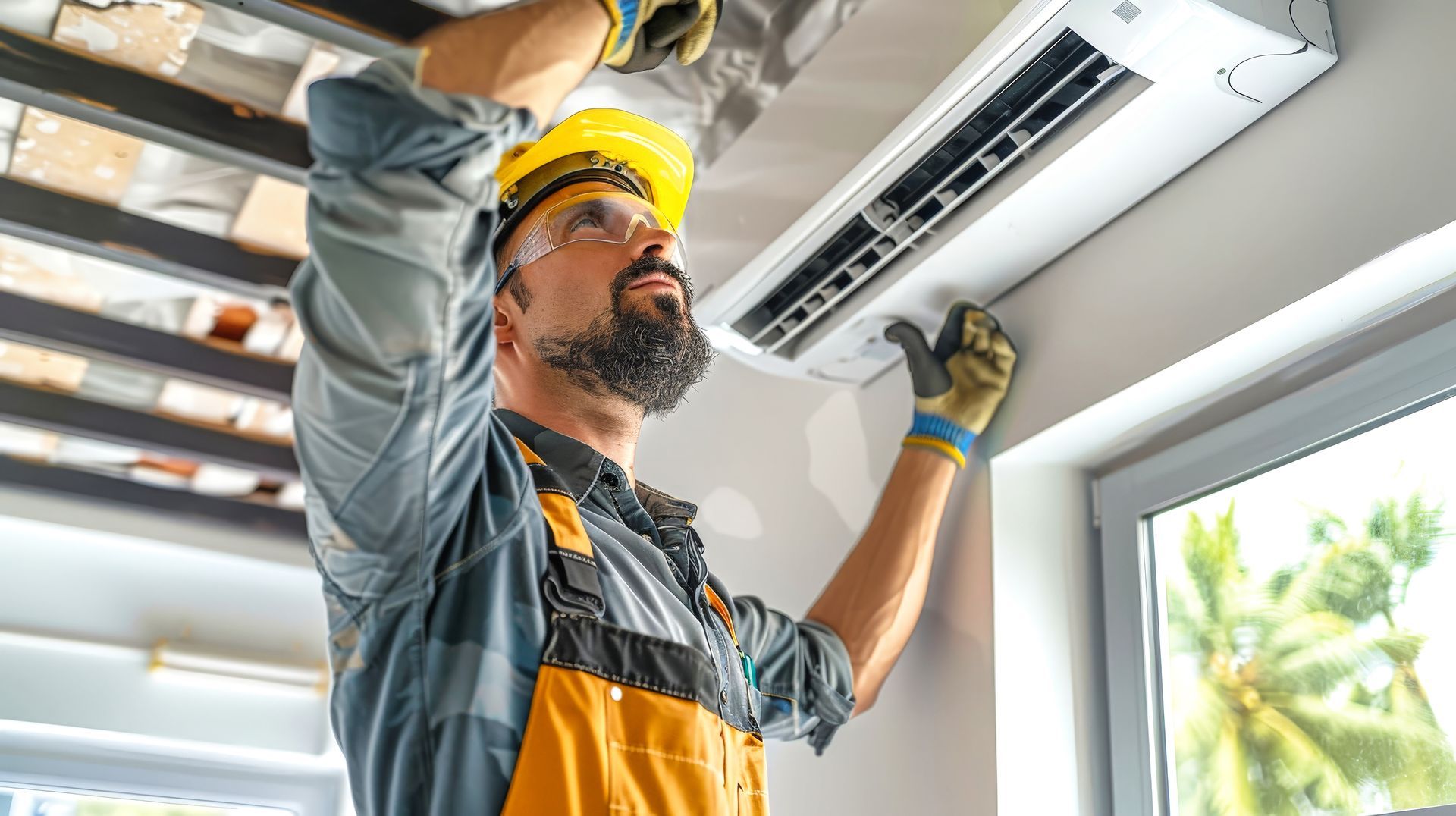 A technician performing an expert air conditioning installation of a modern wall-mounted unit.