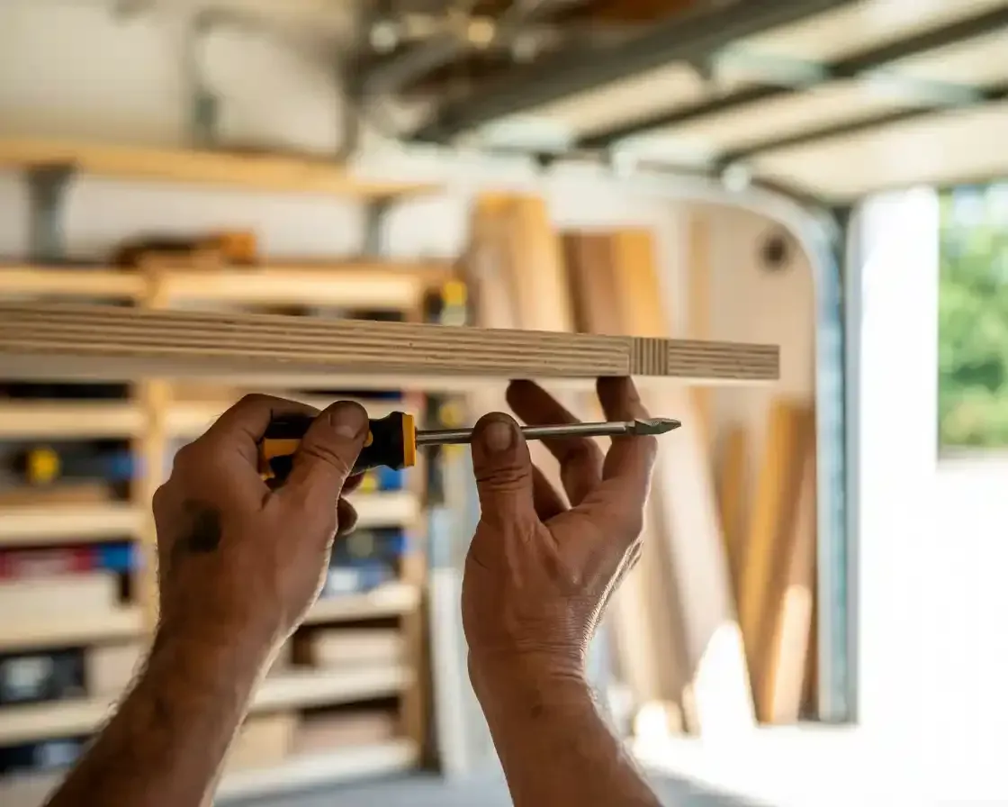 Hands using a screwdriver to attach a shelf to a wall in a workshop.