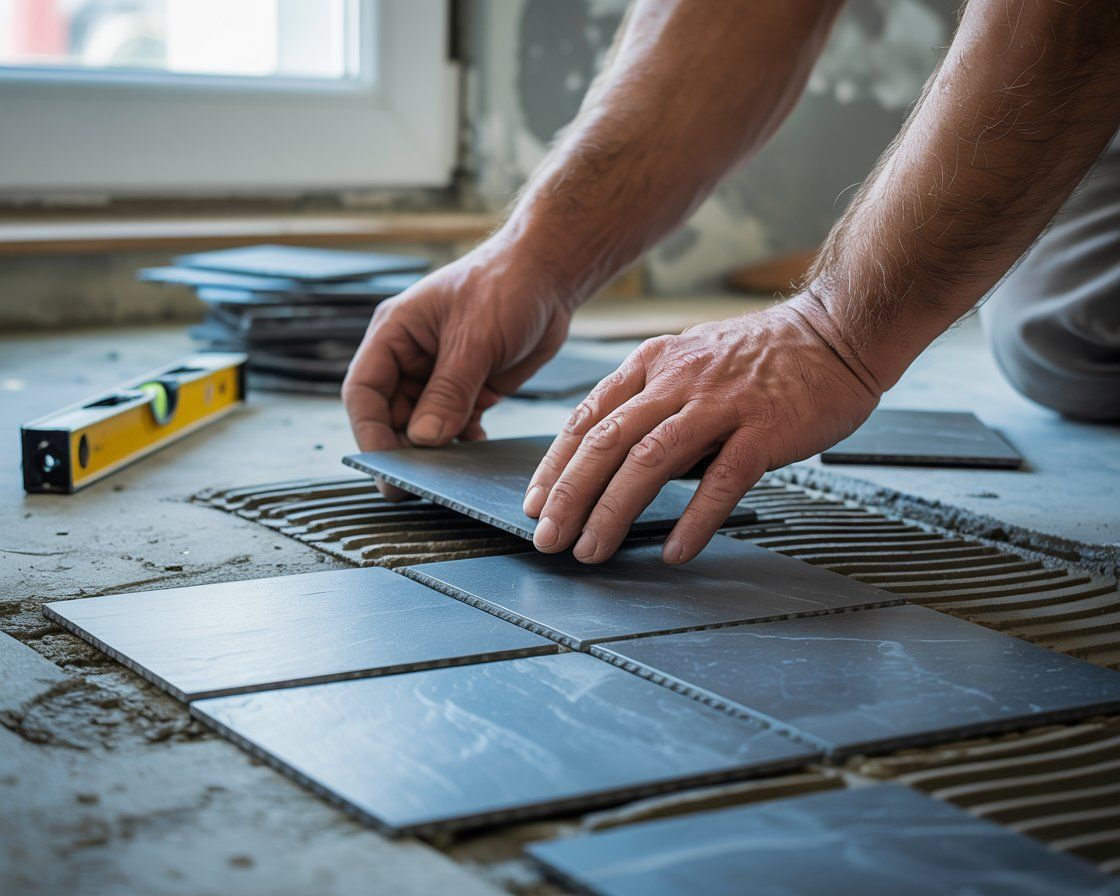 Person kneeling, placing a dark tile on a floor covered in mortar; level in the background.