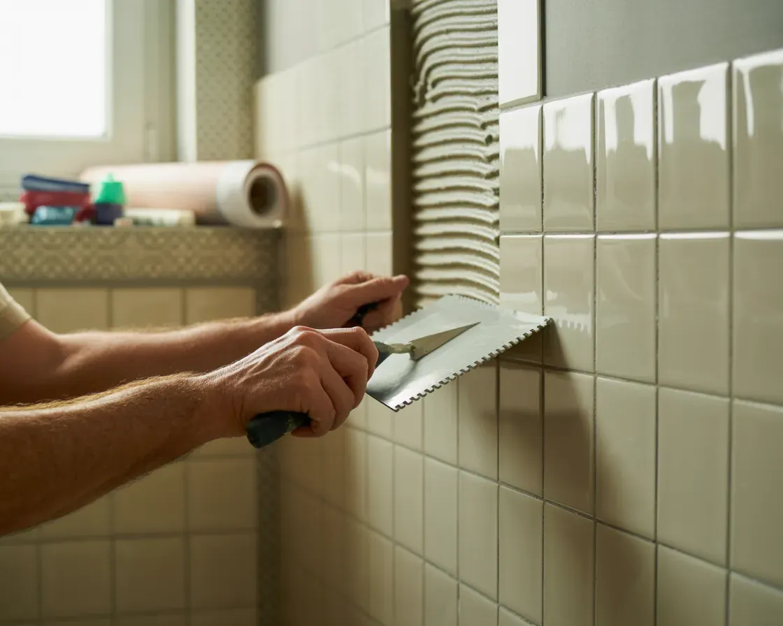 Person tiling a wall with a notched trowel, light-colored tiles in a bathroom setting.