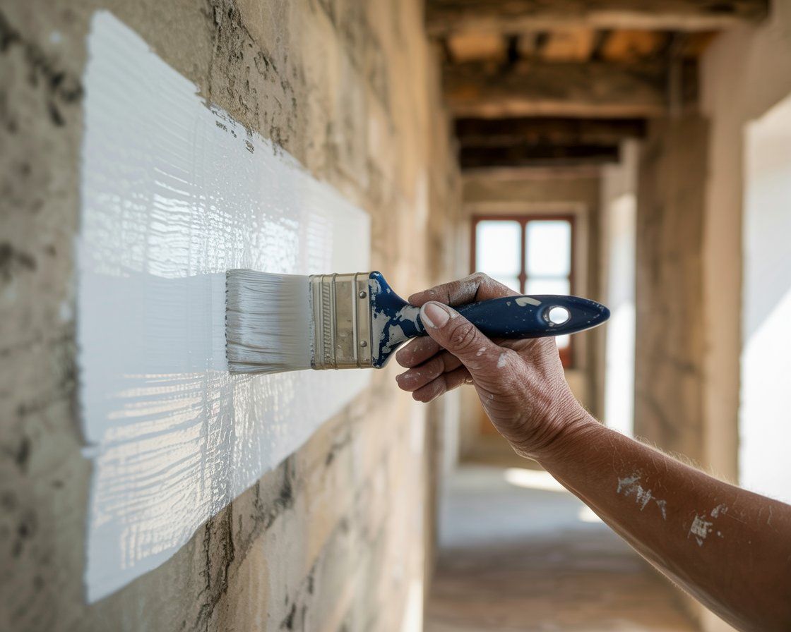 Person painting a white rectangle on a textured, beige wall with a paintbrush, indoors.