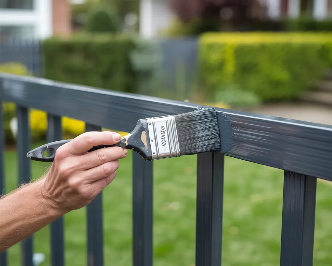 Person painting a dark gray metal fence with a paintbrush outdoors.