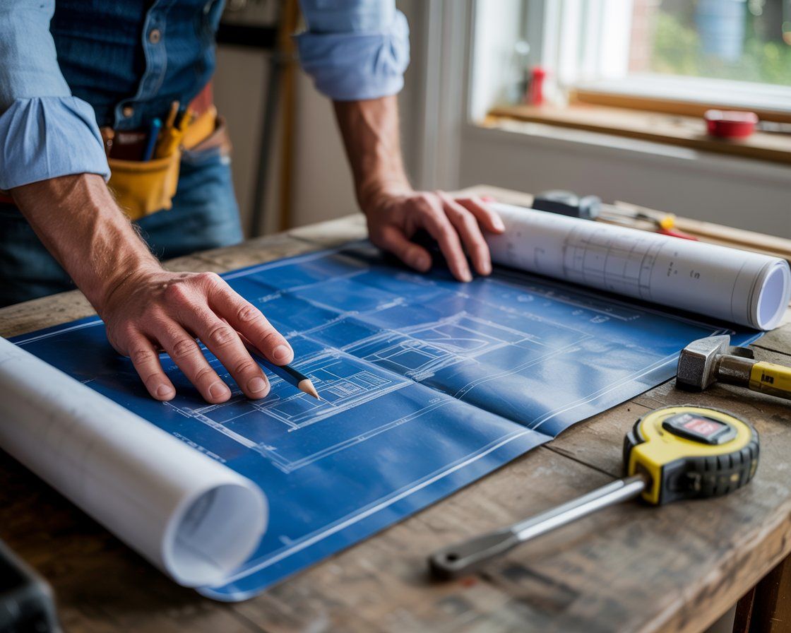 Man reviewing blue architectural plans at a workbench with tools.
