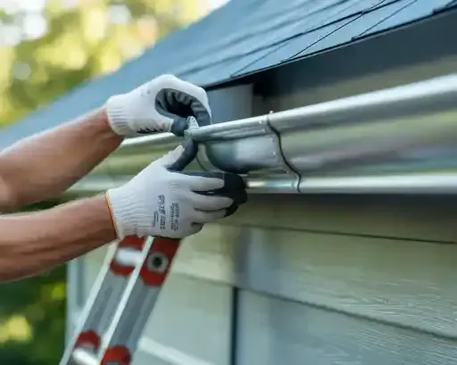 Person on a ladder installing a silver gutter, wearing gloves.  Outside, gray siding and dark roof.