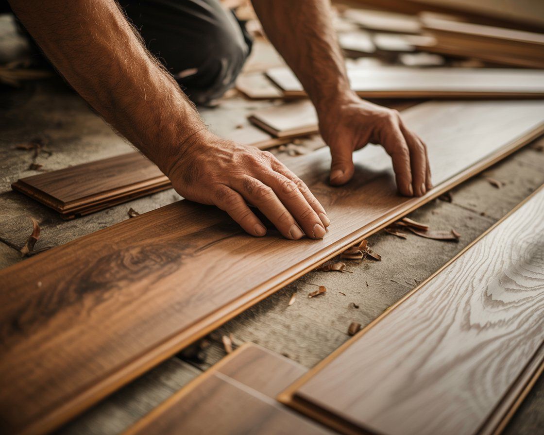 Hands of a person laying wooden floorboards on a concrete surface.
