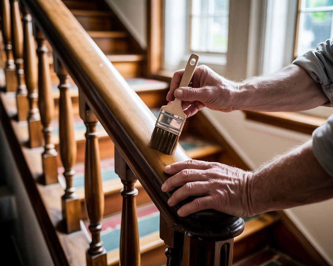 Person varnishing a wooden handrail on a staircase with a paintbrush.