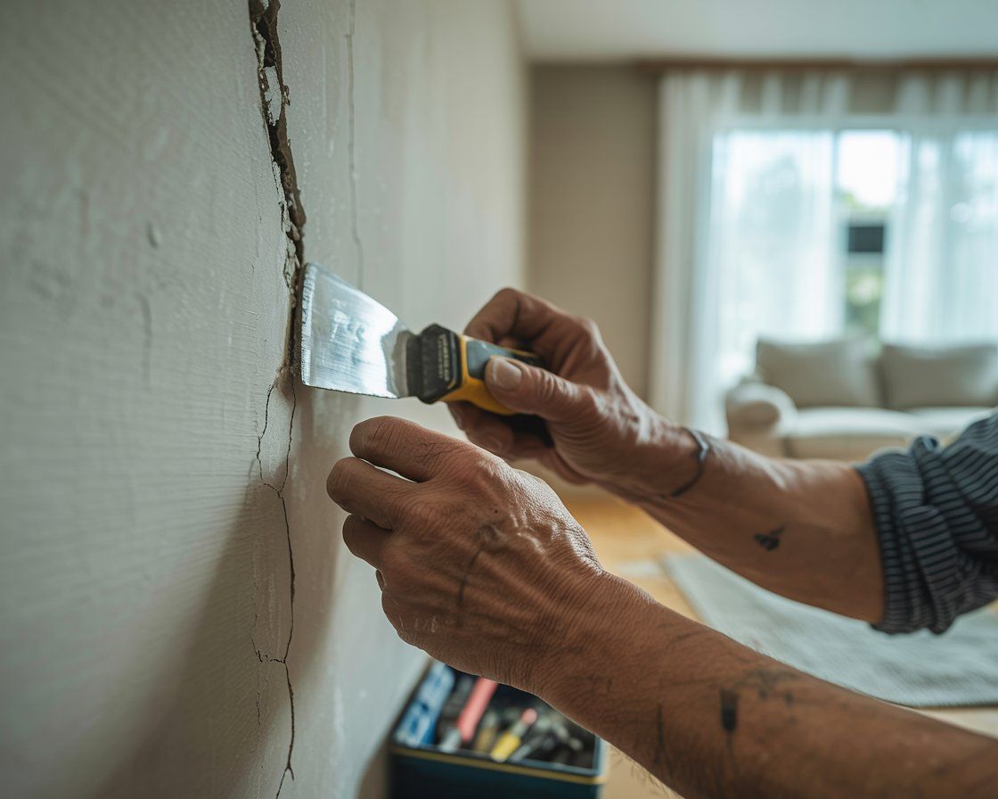 Person using a putty knife to repair a large crack in a beige interior wall.
