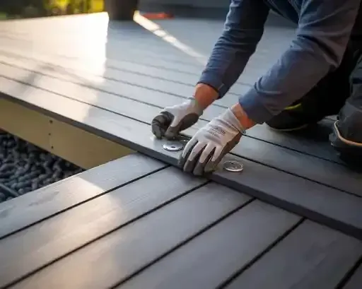 Person in work gloves placing clips on gray composite deck boards outdoors.