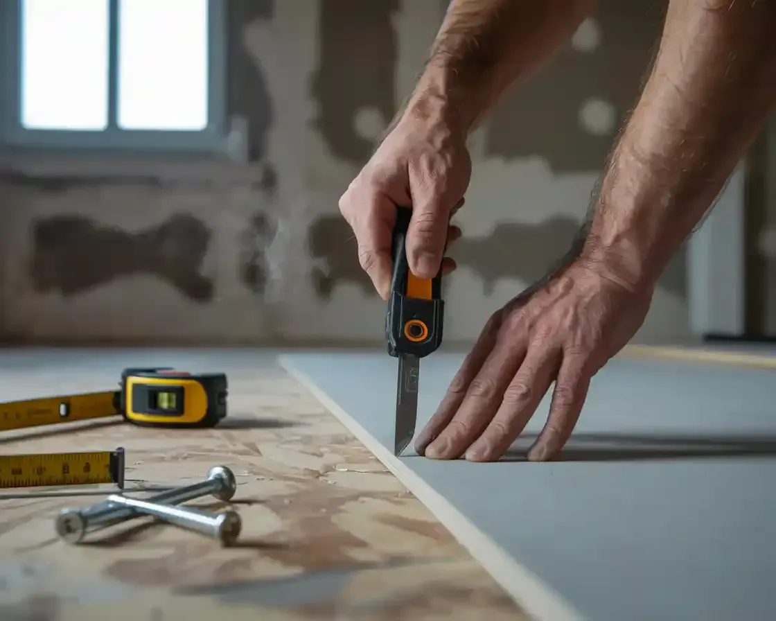A person cutting a drywall sheet with a utility knife, tools on the floor, indoor setting.