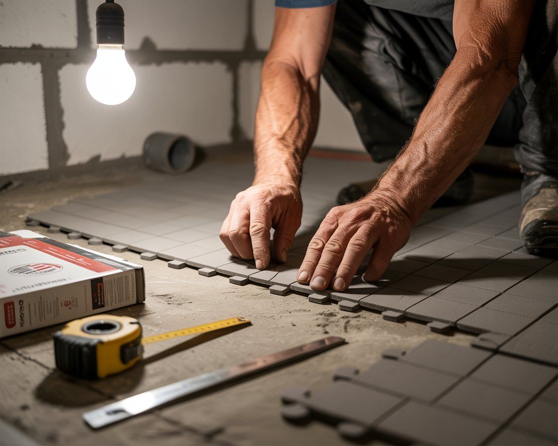 Person installing tile floor, with tools and materials visible.