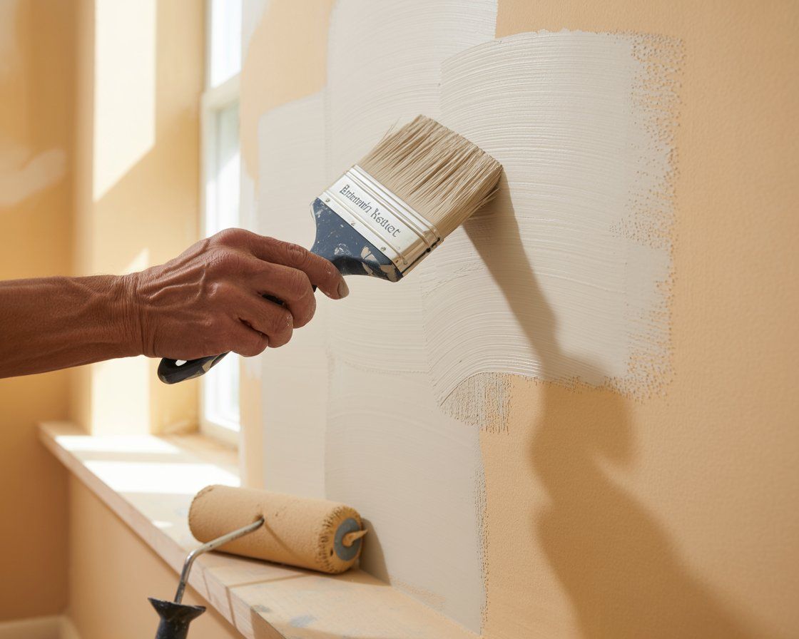 Hand painting a light-colored wall with a brush; a roller sits nearby in a room with a window.