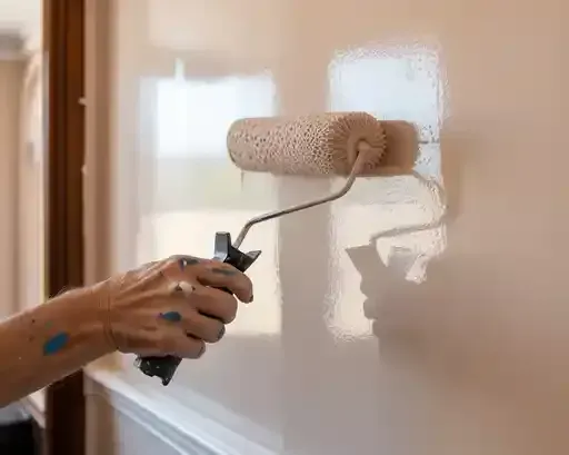 Person using paint roller to apply white paint to a wall.