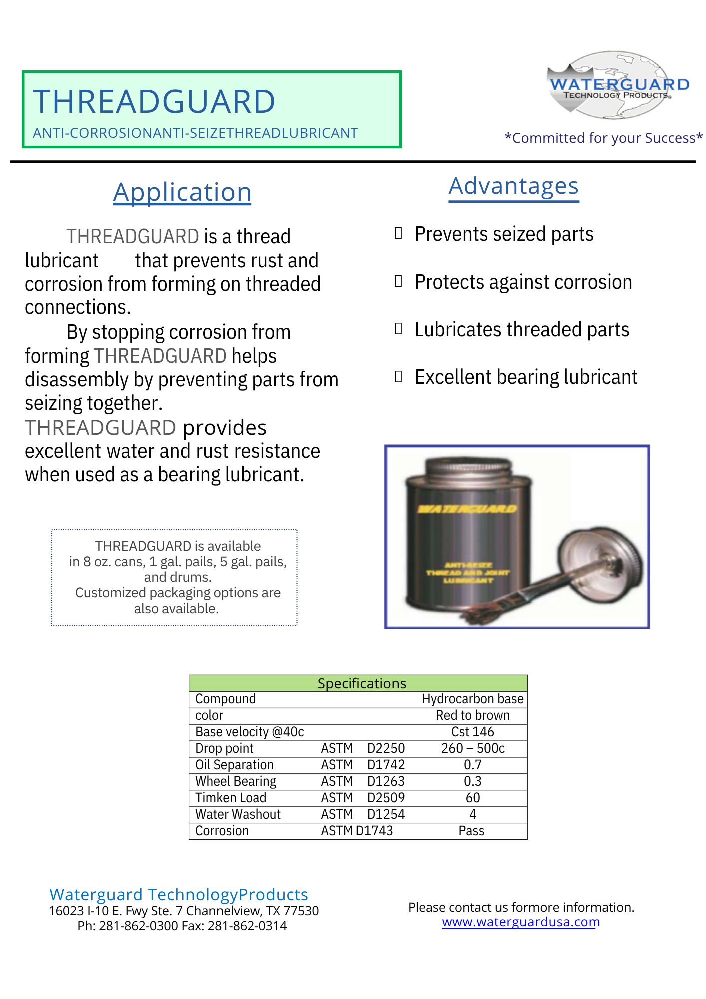 Product brochure for Threadguard lubricant; details include applications, advantages, and specifications.