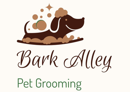 Logo for Bark Alley pet grooming: brown cartoon dog in bubbles, text 