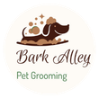 Logo for Bark Alley pet grooming: Brown dog in bubbles, beige background, script text.