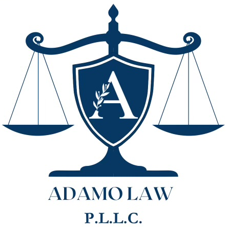 A dark blue logo for Adamo Law P.L.L.C. featuring a scale of justice, a shield with a letter A and an olive branch.