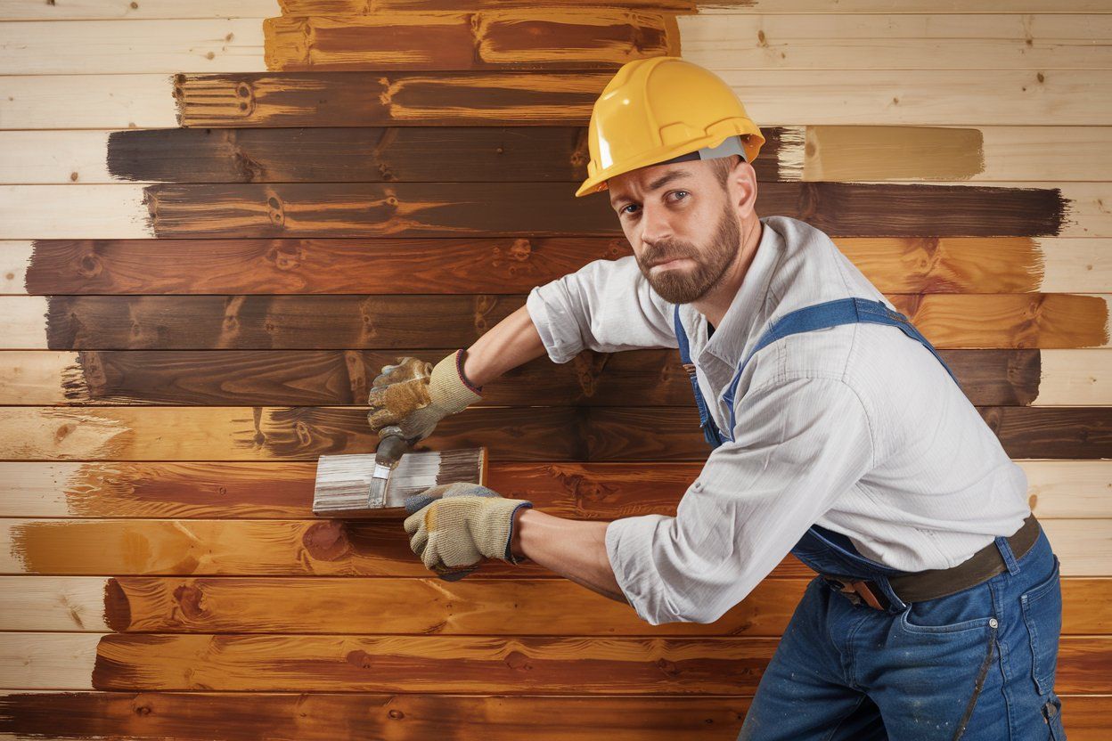 A man is painting a wooden wall with a spatula.