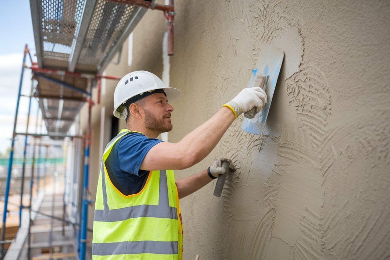 A construction worker is plastering a wall with a trowel.