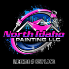 Logo for North Idaho Painting LLC; pink and blue design, paint brush and sprayer, license number.