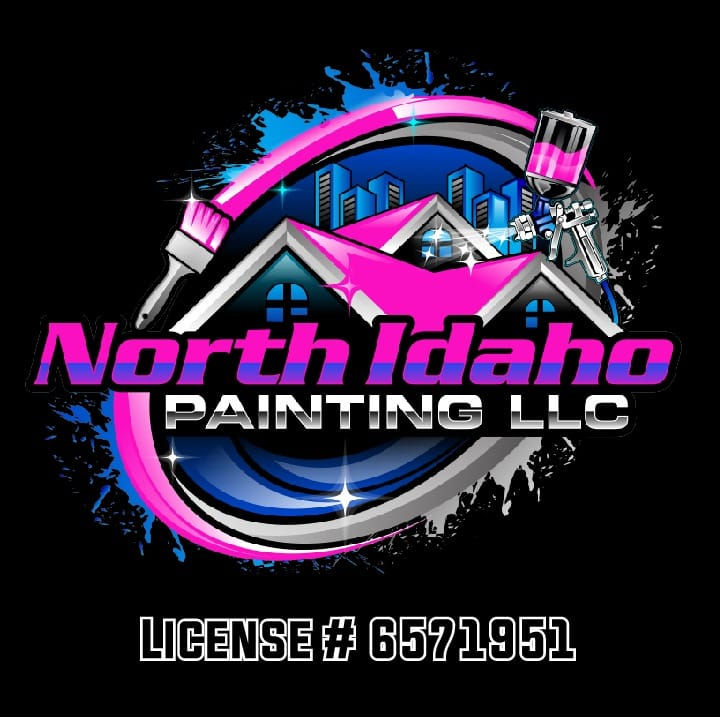 Logo for North Idaho Painting LLC; pink and blue design, paint brush and sprayer, license number.