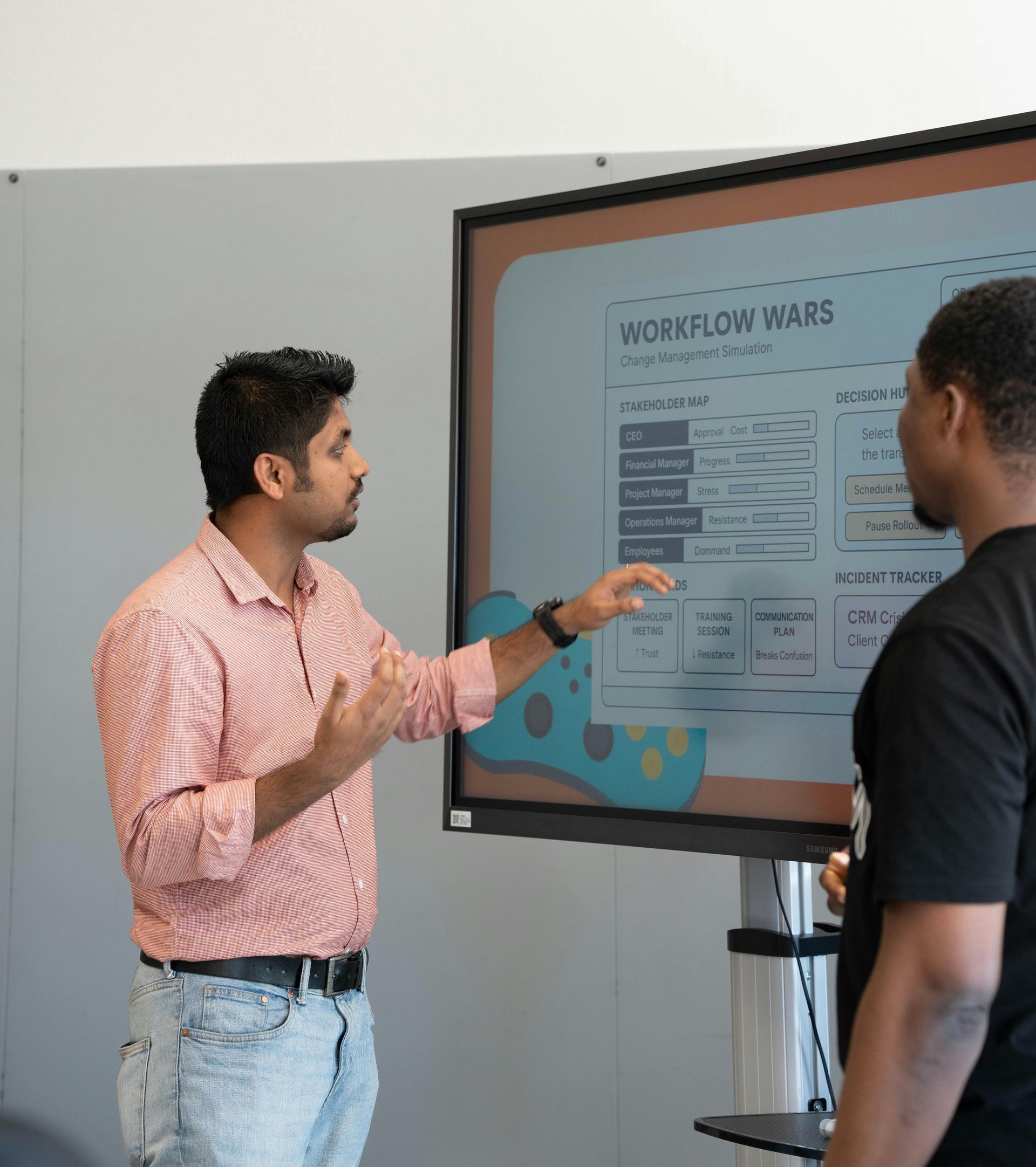 Two men are looking at a screen that says workflow ware
