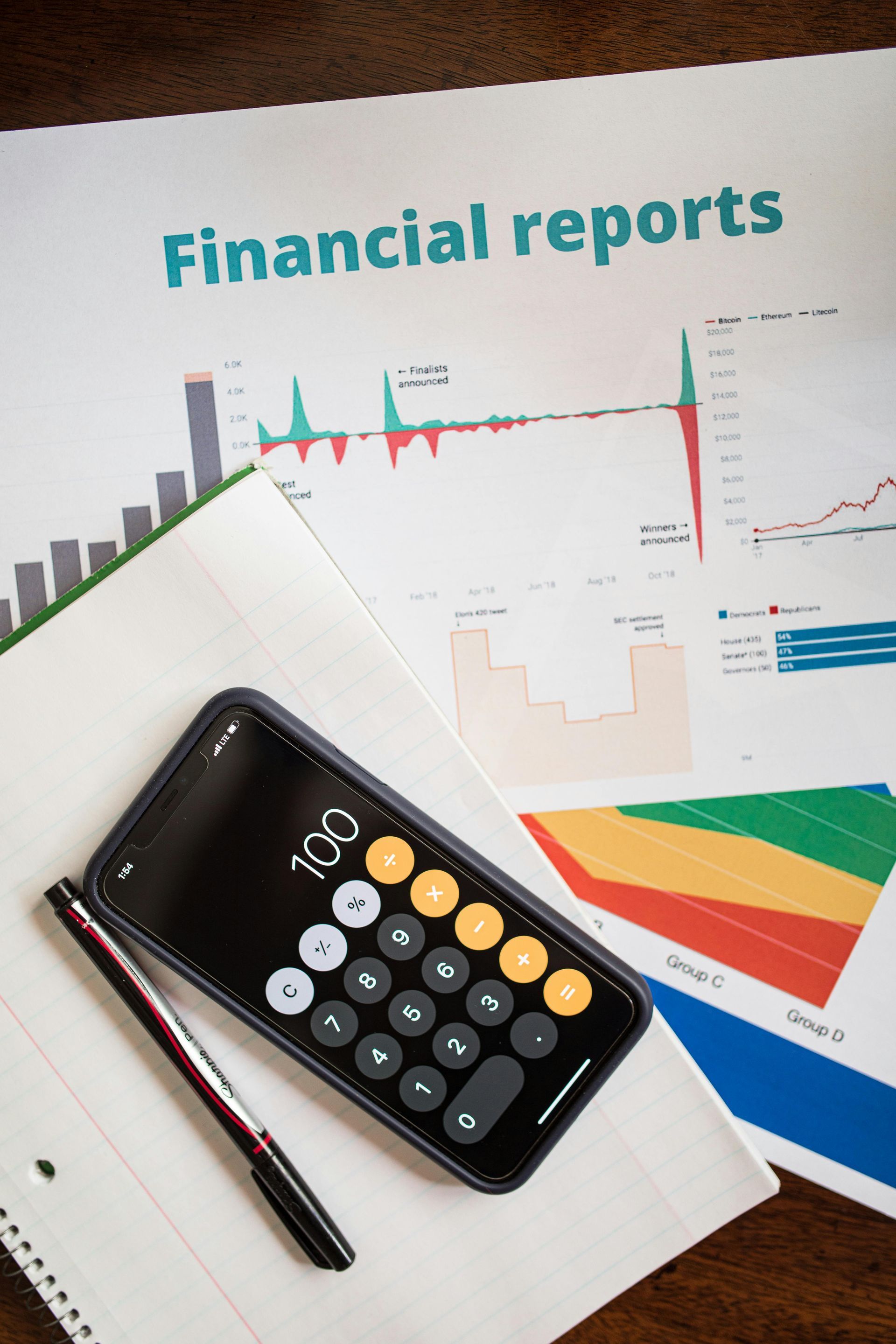 A calculator sits on top of a financial report