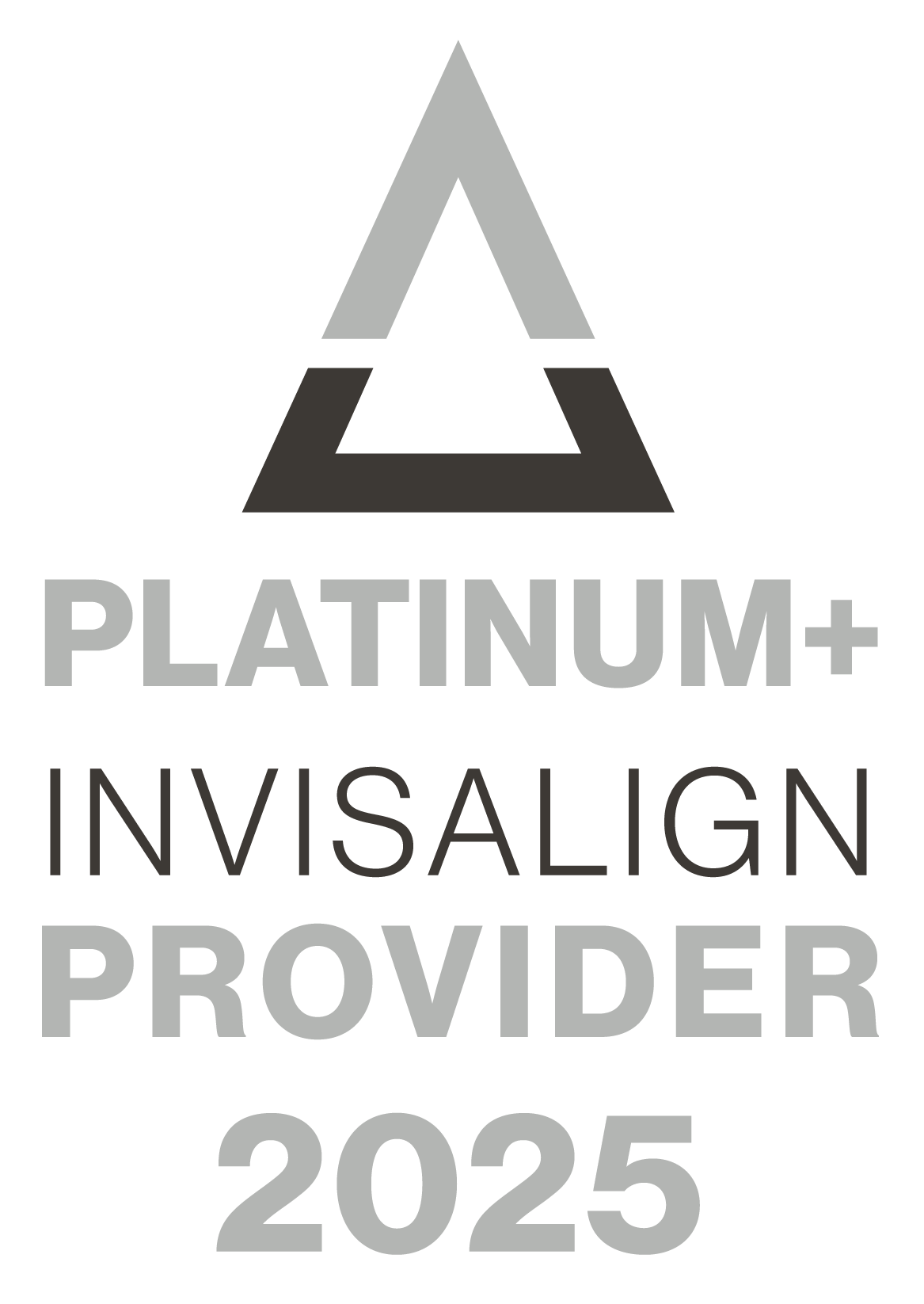 Platinum+ Invisalign Provider logo with a triangle design and the year 2025.