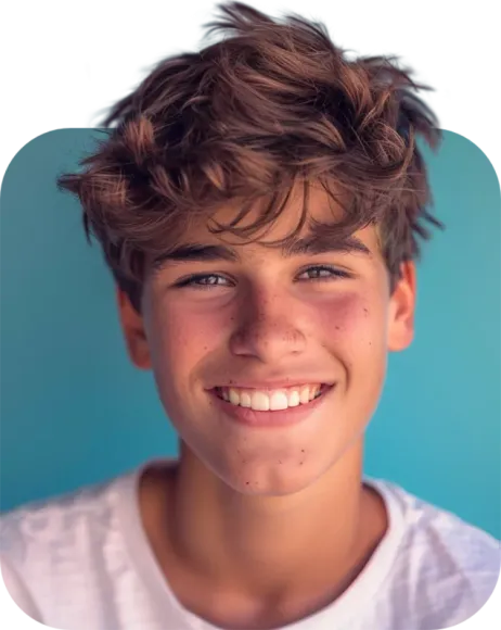 A young boy with curly hair is smiling for the camera.