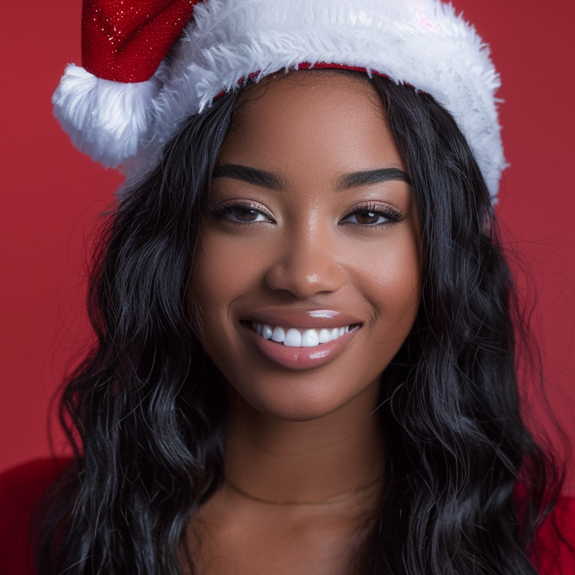 A woman wearing a santa hat is smiling for the camera