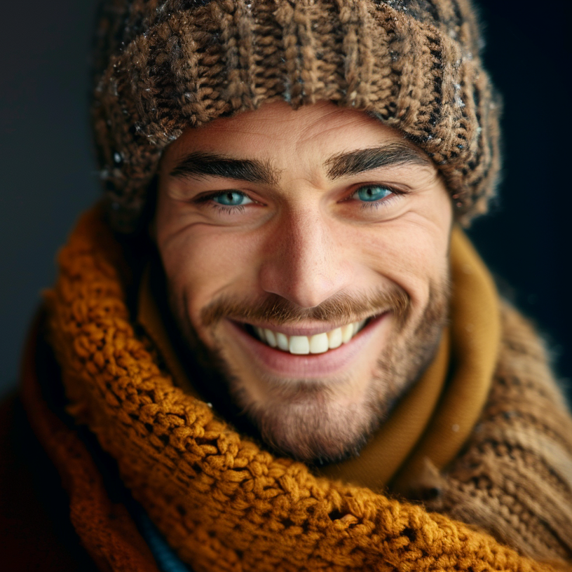 A man wearing a hat and scarf is smiling for the camera