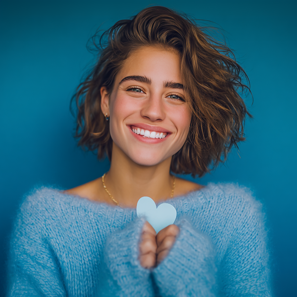 Woman smiling, holding a light blue heart; blue sweater and background.