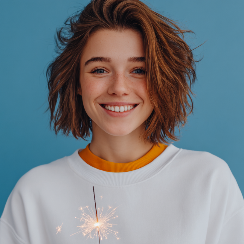 Woman with short, layered brown hair, smiling, holding a sparkler against a blue background.