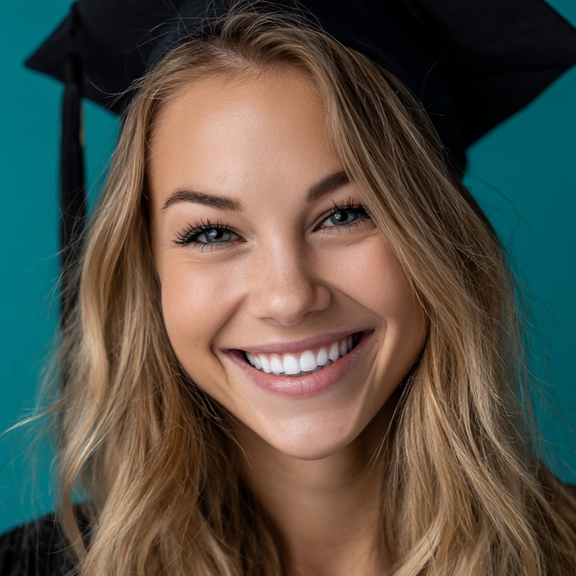 Smiling graduate in cap against a teal background