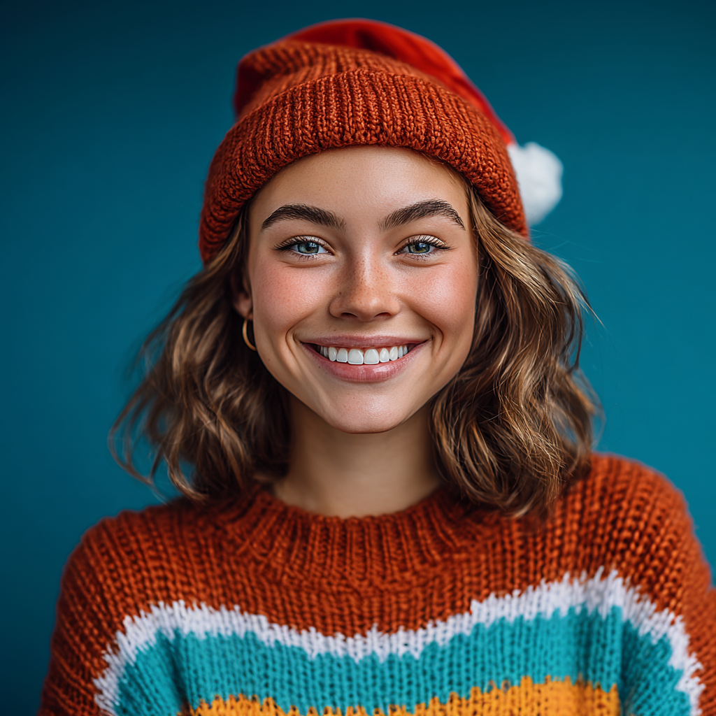 Woman in orange knit hat and sweater smiles against a teal background.