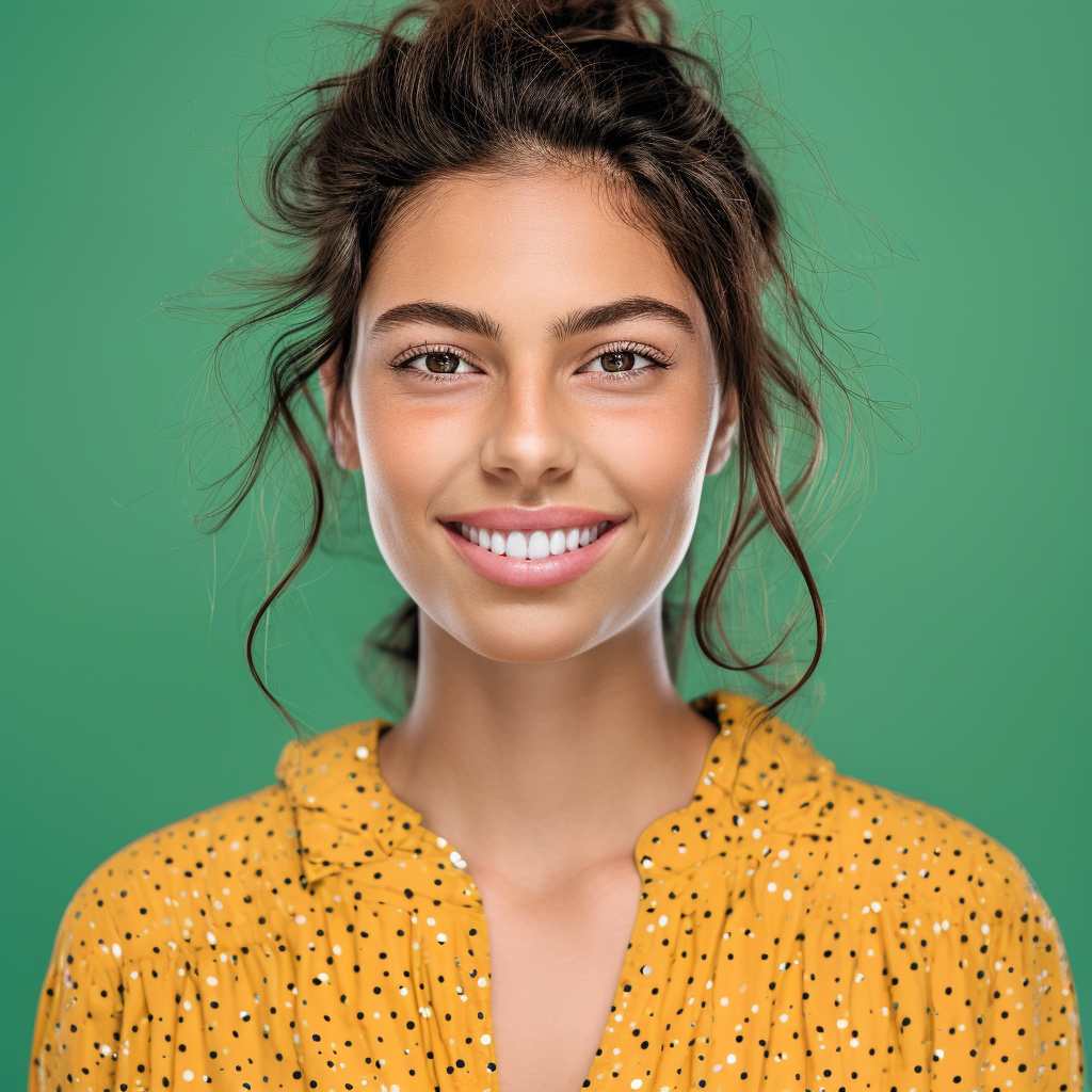 A woman in a yellow polka dot shirt is smiling for the camera.