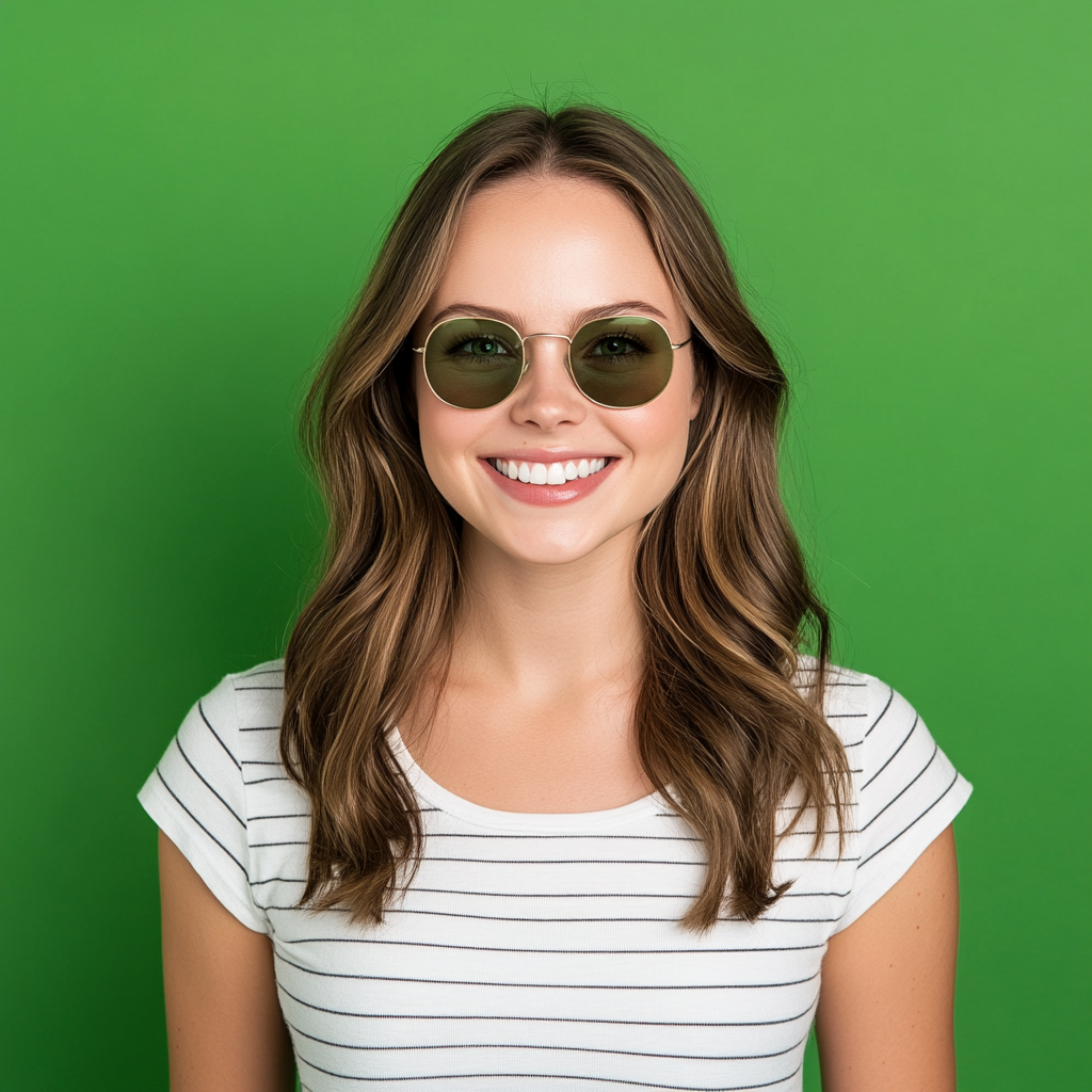 A woman wearing sunglasses and a striped shirt is smiling.