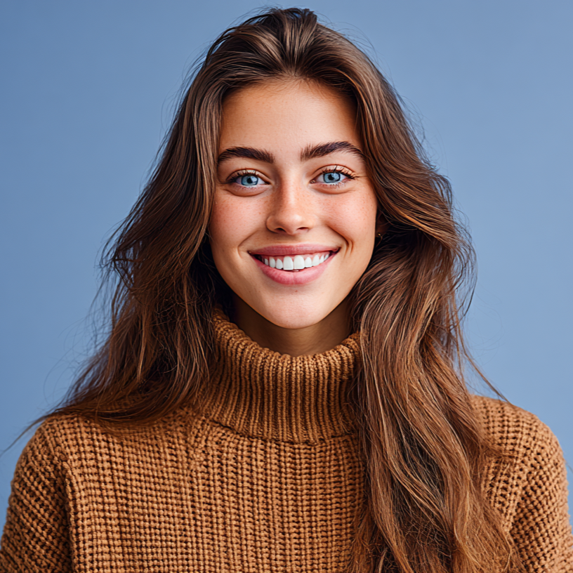 Woman with long brown hair, wearing a brown turtleneck, smiling at the camera against a blue background.