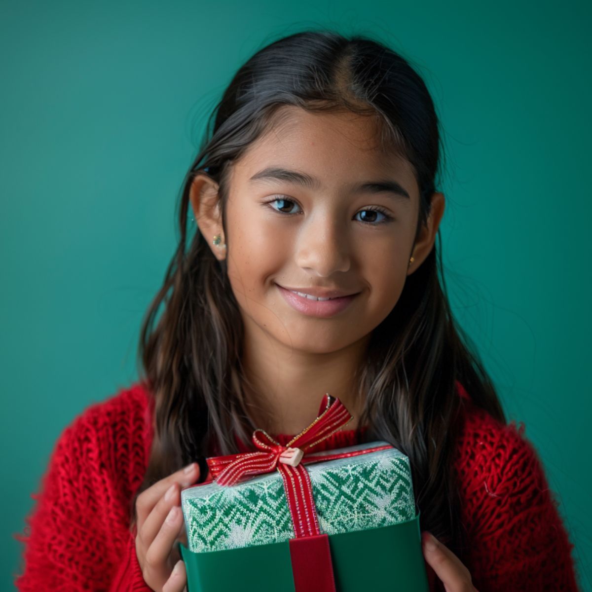 A young girl in a red sweater is holding a green gift box.