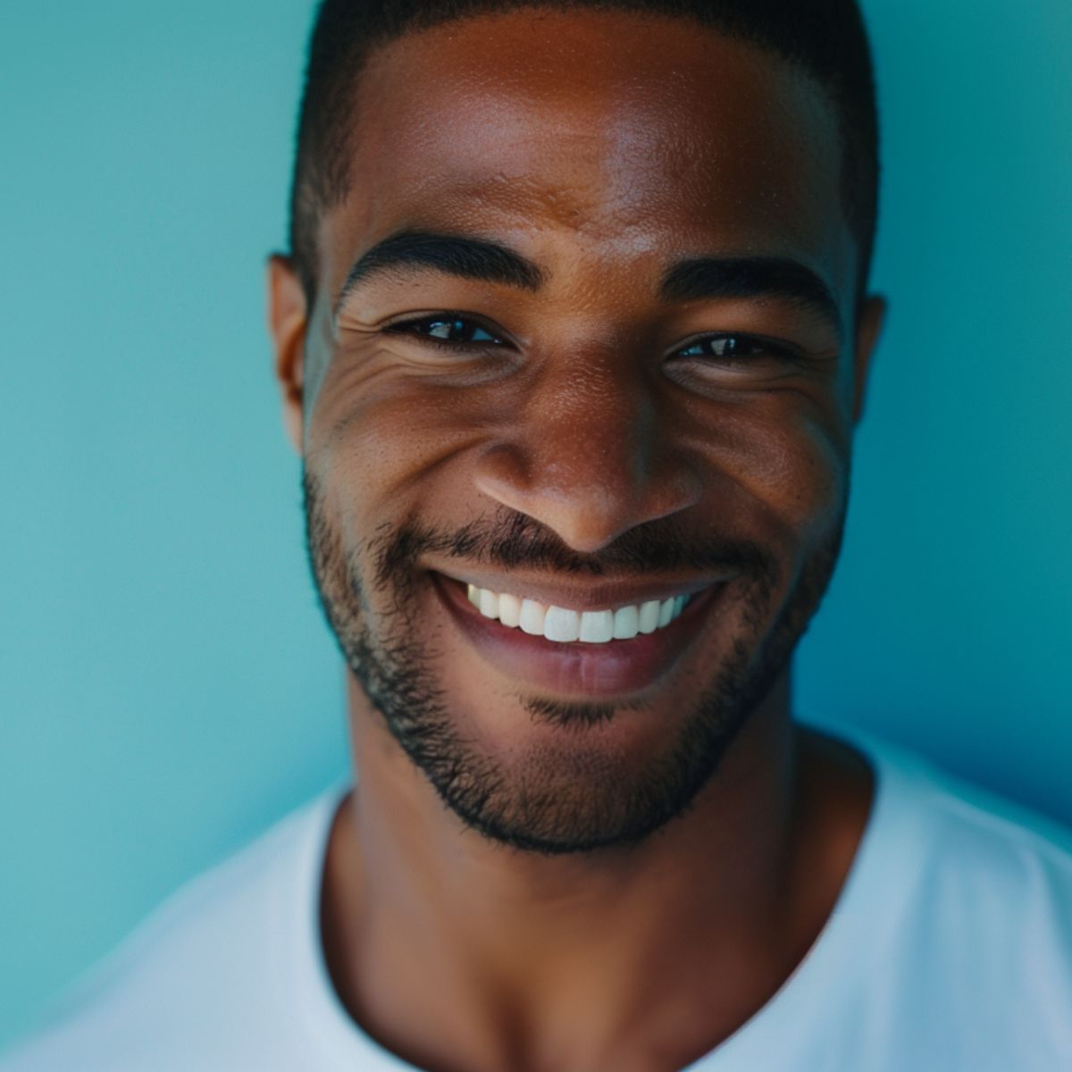 A man with a beard is smiling and wearing a white shirt.