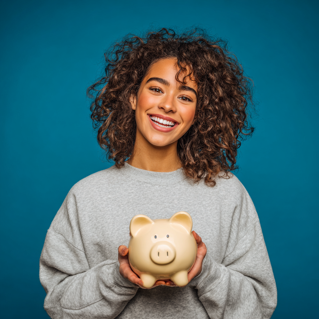 Person smiling, holding a yellow piggy bank against a blue backdrop.
