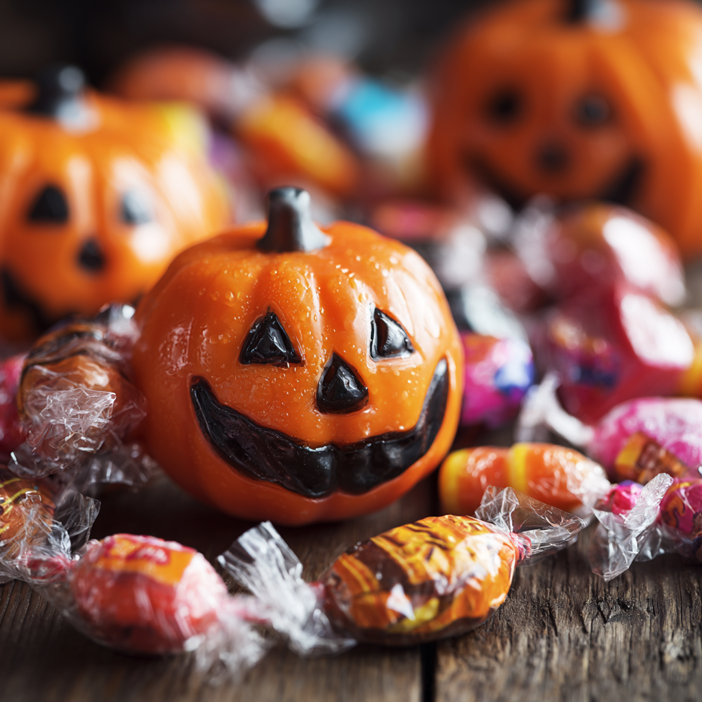 Halloween jack-o'-lantern surrounded by wrapped candies on a wooden surface; orange, pink, and yellow colors.