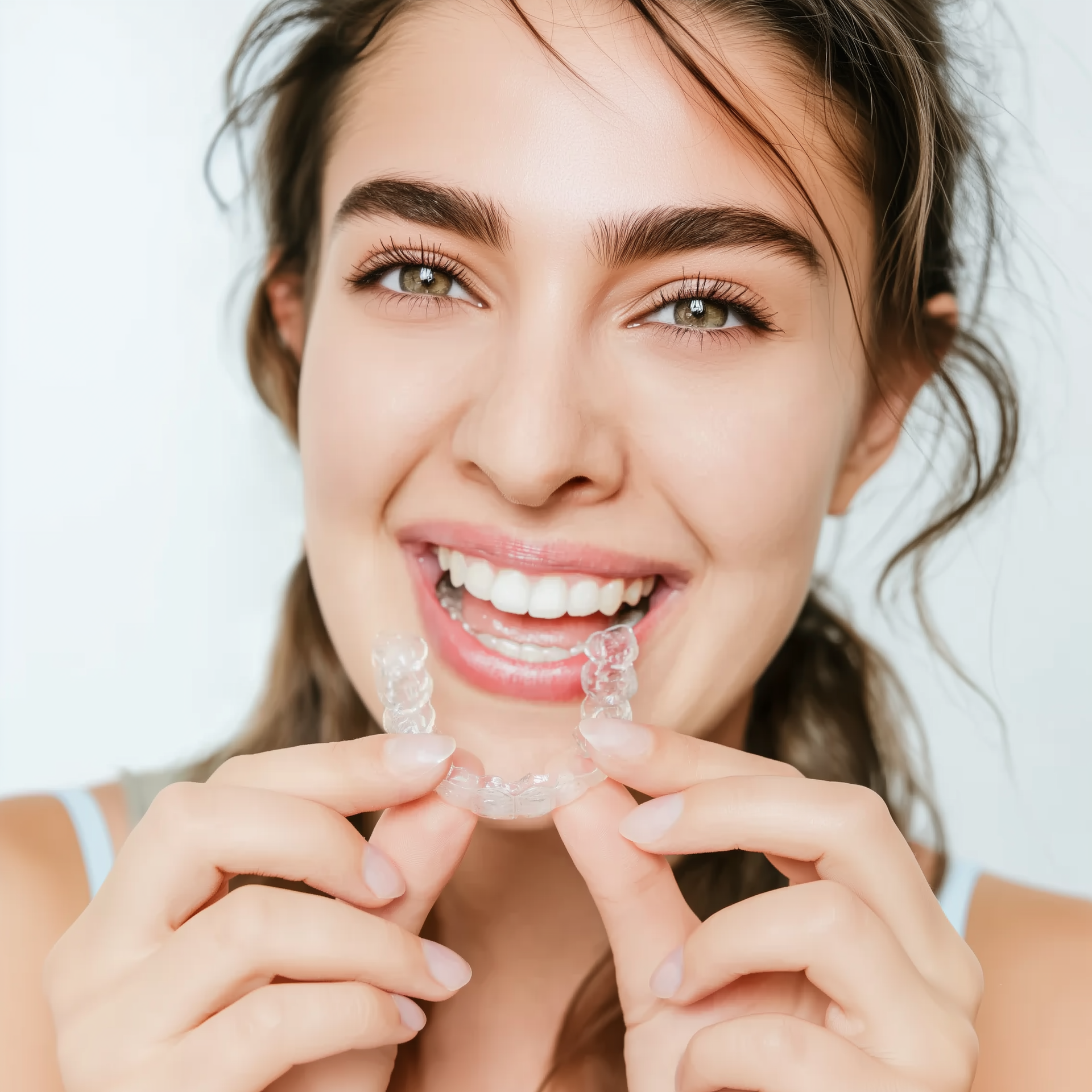 A smiling person holds a clear dental aligner tray near their mouth against a light blue background.