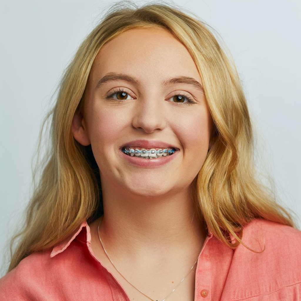 Blonde person wearing pink shirt, smiling with braces, in front of a white background.