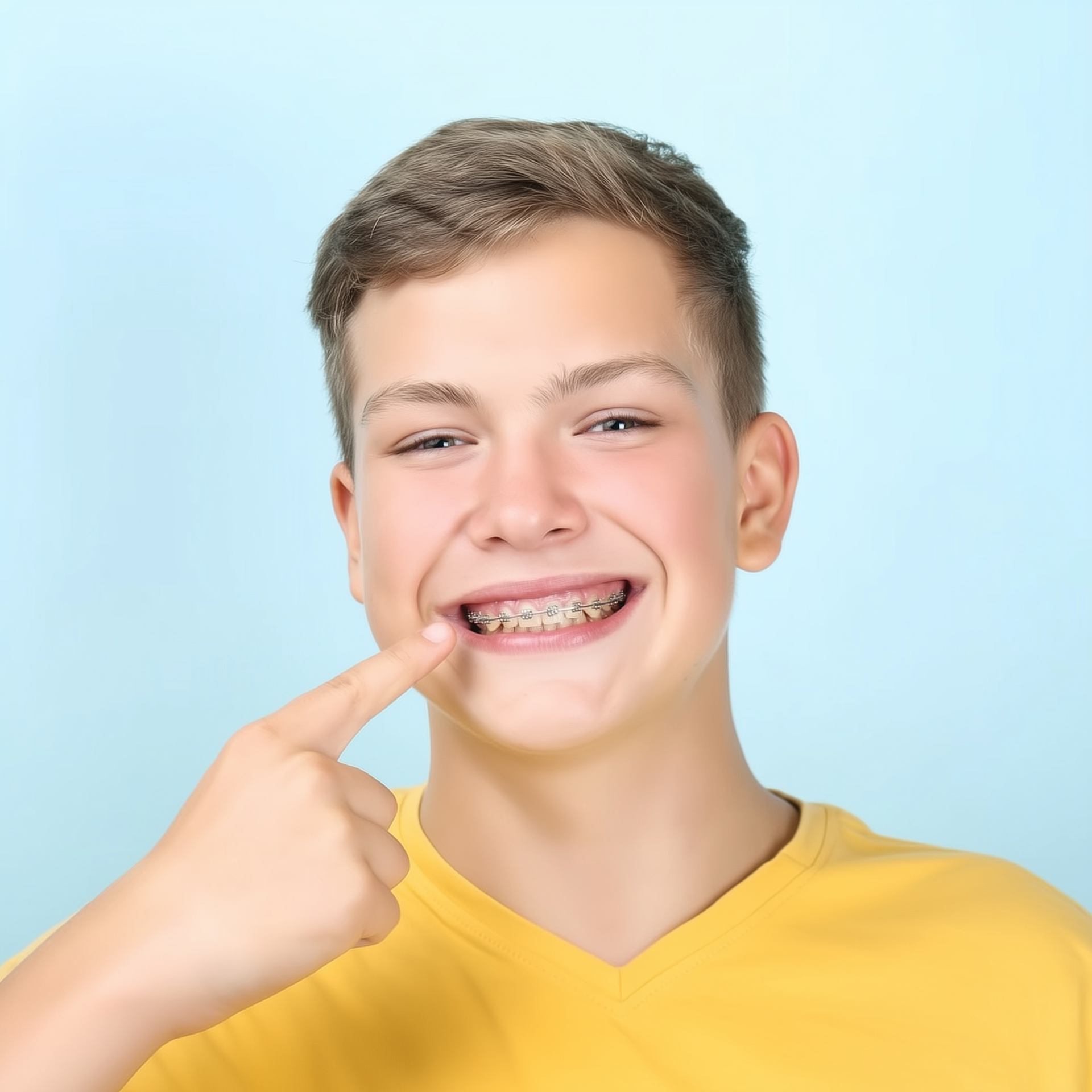 Teen in a yellow shirt pointing at metal braces and smiling on a light blue background