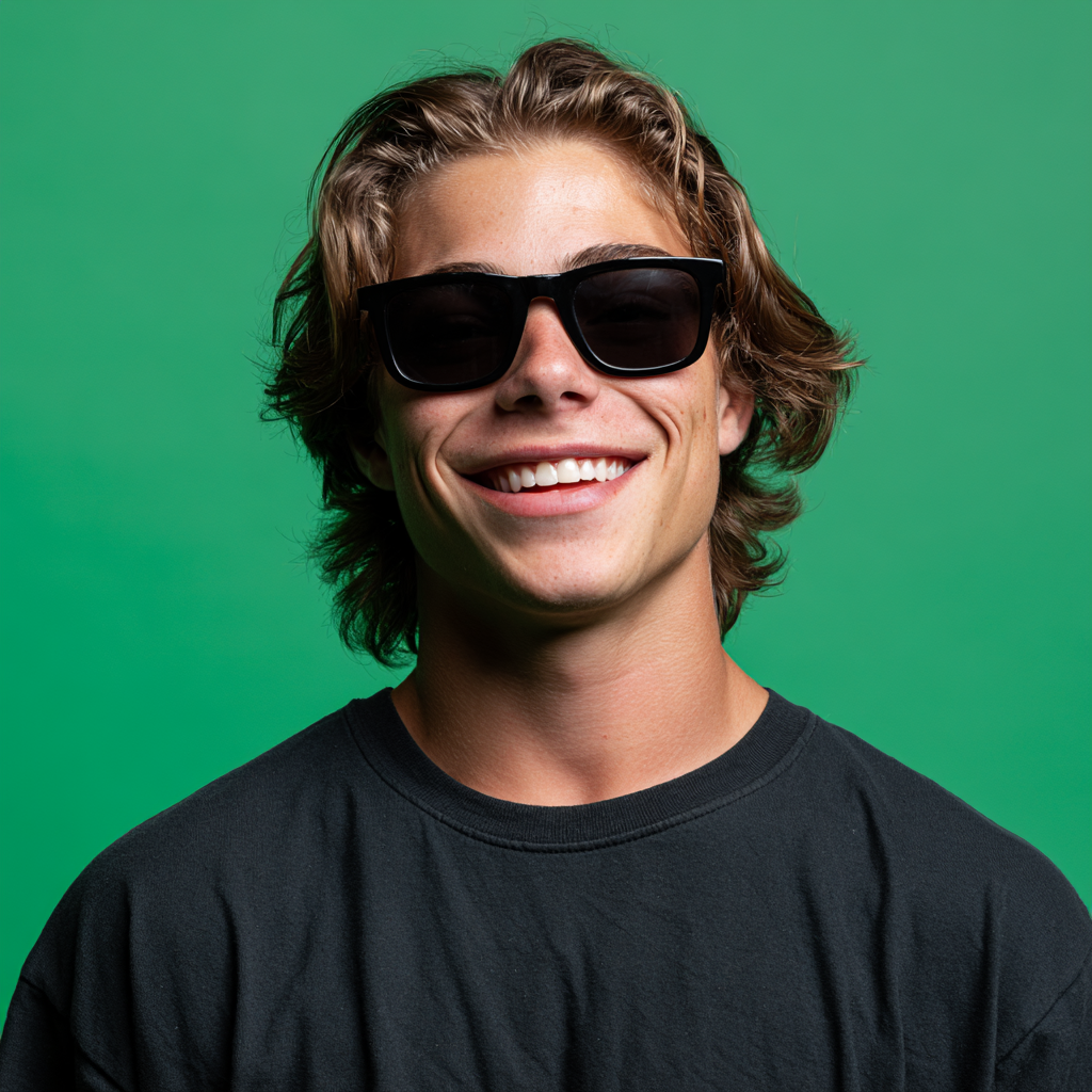 Smiling person in black sunglasses and a black shirt against a green background