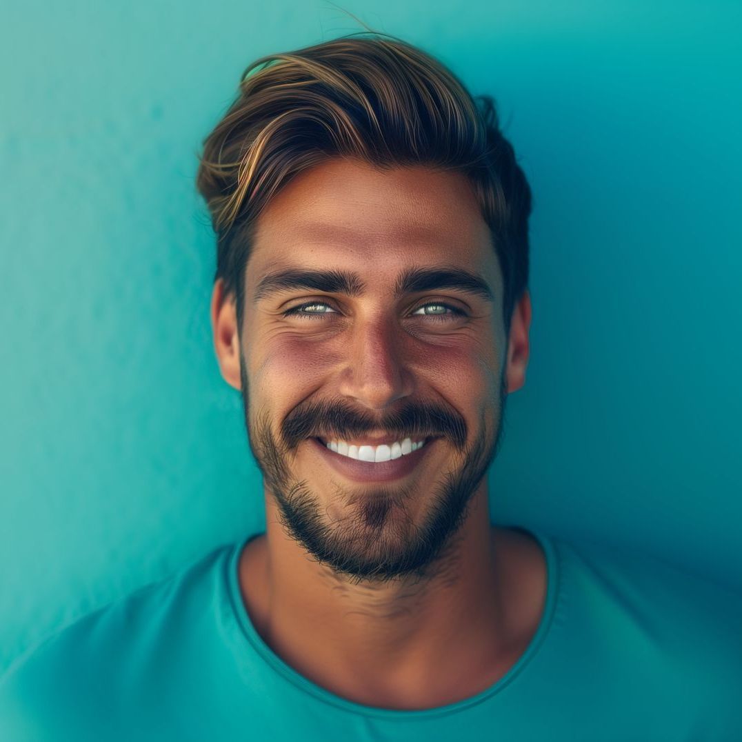 A man with a beard and mustache is smiling in front of a blue wall.