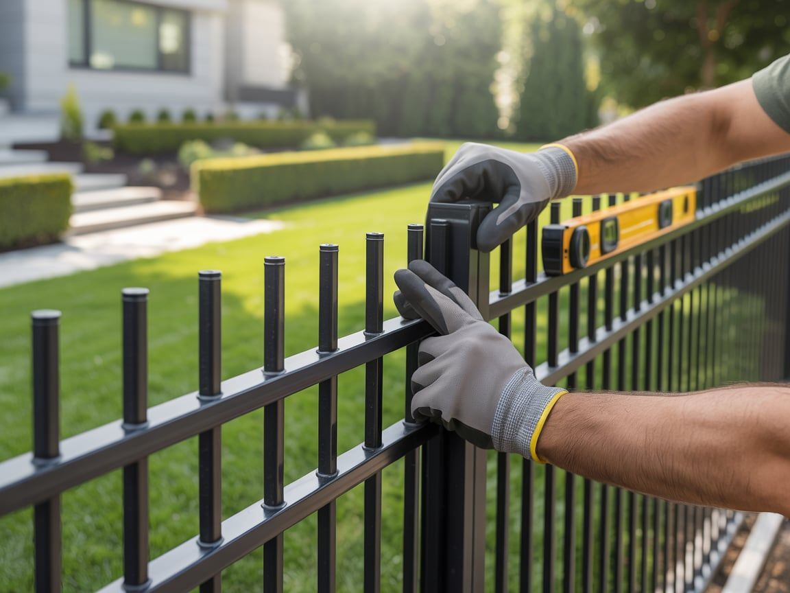 Man installing a black metal fence, using a level in a grassy yard.