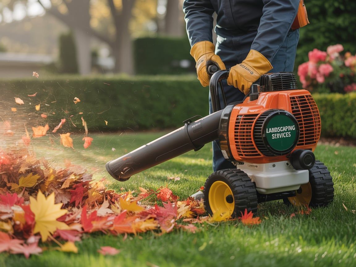 Person in gloves using a wheeled leaf blower on a lawn, blowing leaves.
