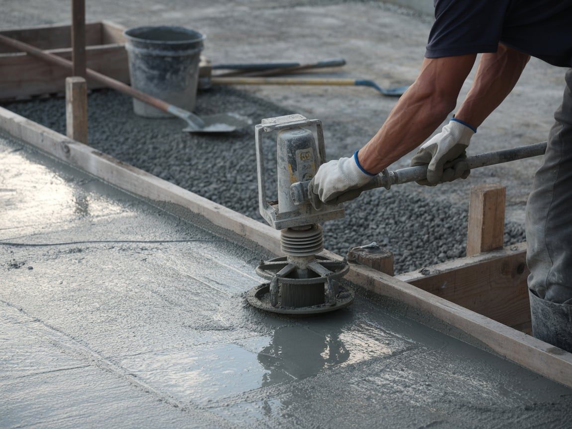Man using a concrete vibrator on a fresh concrete slab, wooden forms in place at a construction site.